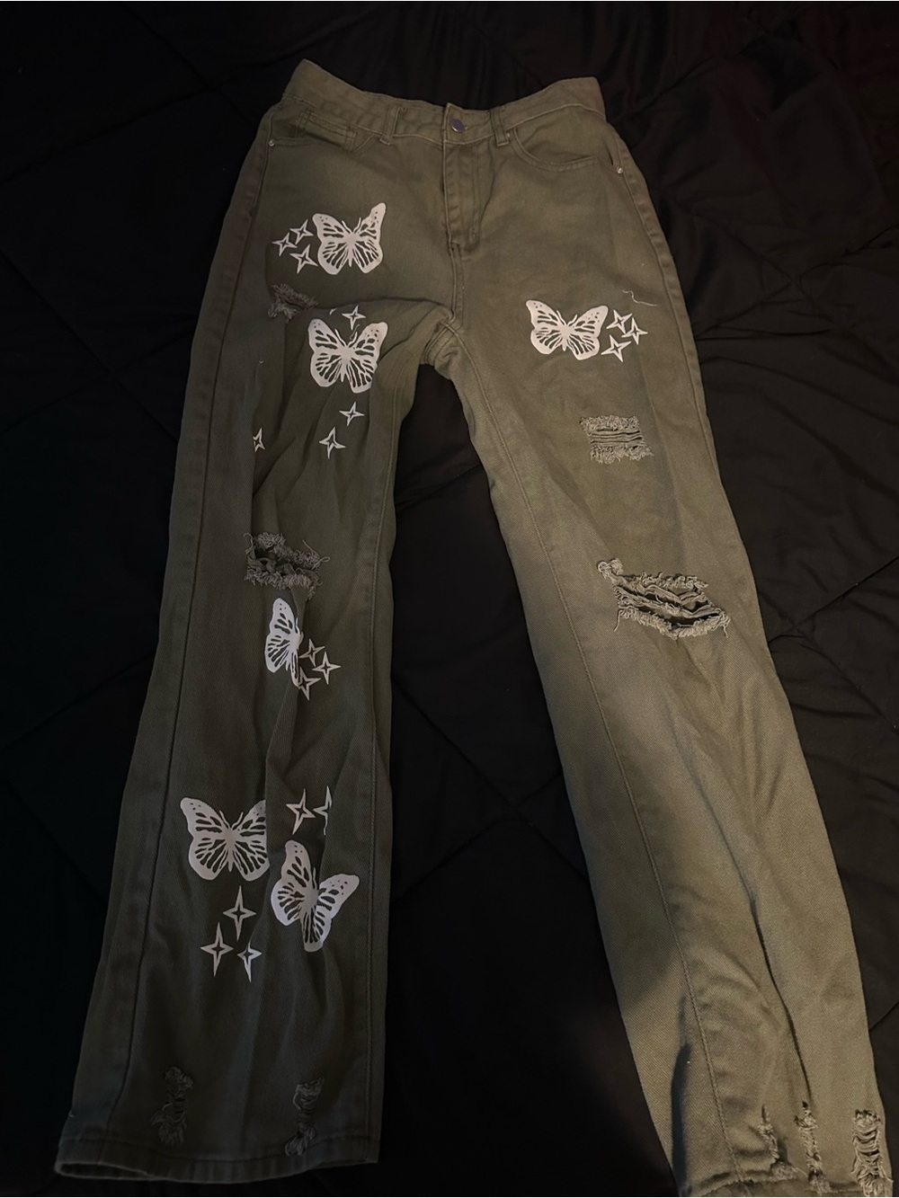 Women’s Olive Green Butterfly Distressed Jeans